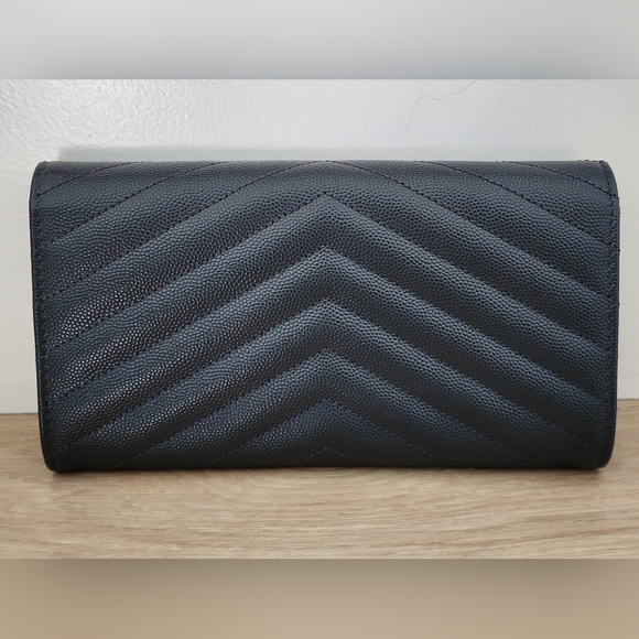 Saint Laurent Grain de Poudre Matelasse Flap Wallet Dark Gray Leather Gold YSL - Picture 2 of 12